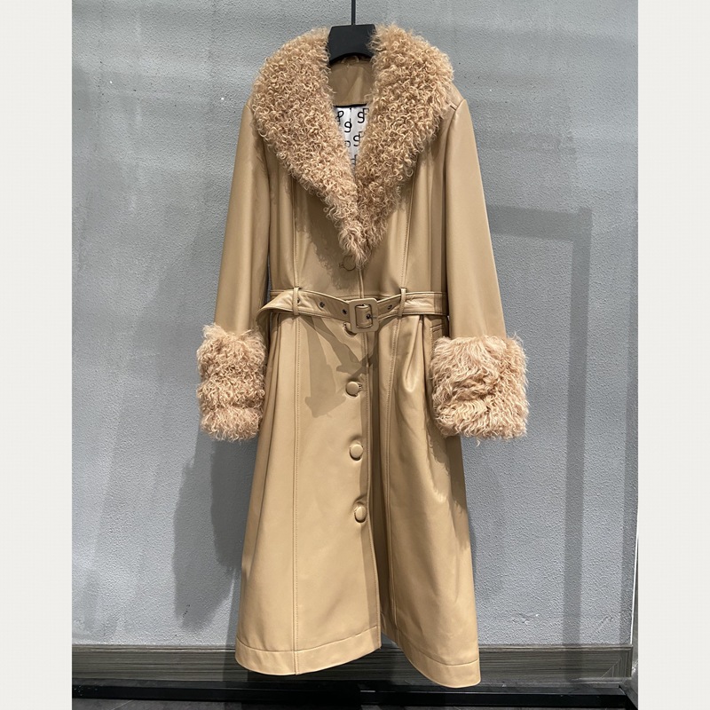 woman coat fur Wholesale Genuine Women Fox Fur Cuff Long Belt Ladies Fancy Regular Real Lambskin Lea