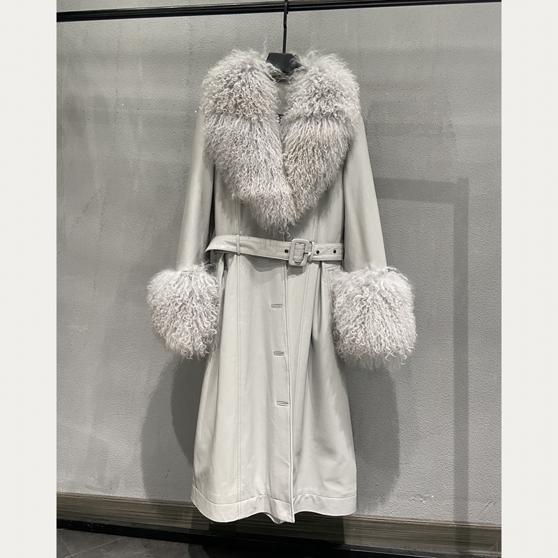 woman coat fur Wholesale Genuine Women Fox Fur Cuff Long Belt Ladies Fancy Regular Real Lambskin Lea