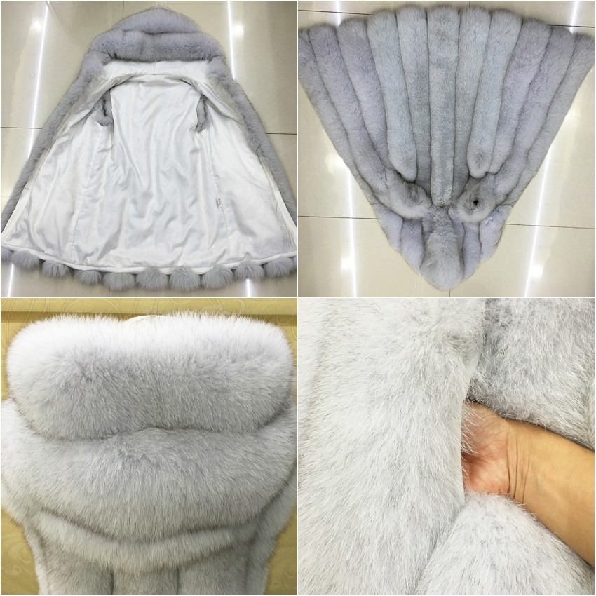 Genuine Fox Fur Vest Coat for Women Striped Slim Thick Hooded Coats of Fur Russian Winter Warm Women