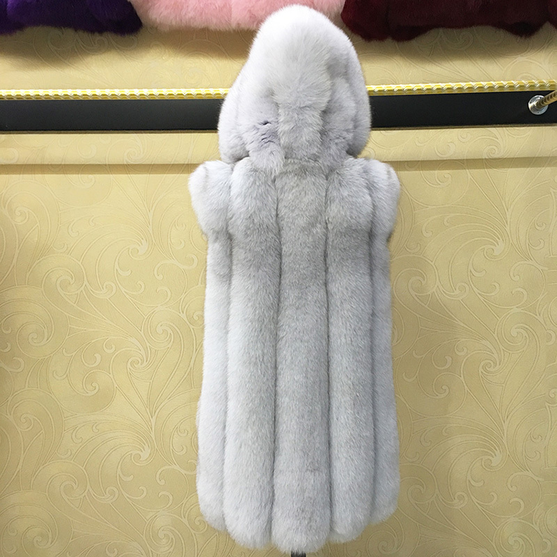 Genuine Fox Fur Vest Coat for Women Striped Slim Thick Hooded Coats of Fur Russian Winter Warm Women