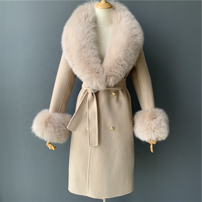 European Trendy Big Real Fox Fur Collar Parka Slim Fit Long Cashmere Jacket Winter Women Luxury Wool