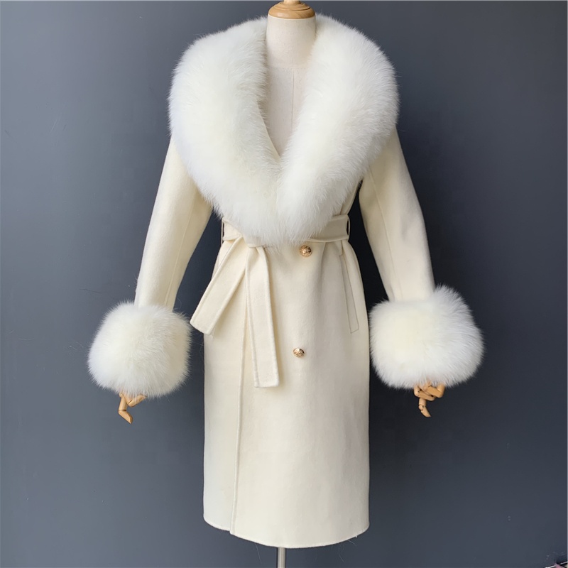 European Trendy Big Real Fox Fur Collar Parka Slim Fit Long Cashmere Jacket Winter Women Luxury Wool