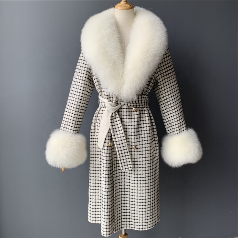 European Trendy Big Real Fox Fur Collar Parka Slim Fit Long Cashmere Jacket Winter Women Luxury Wool