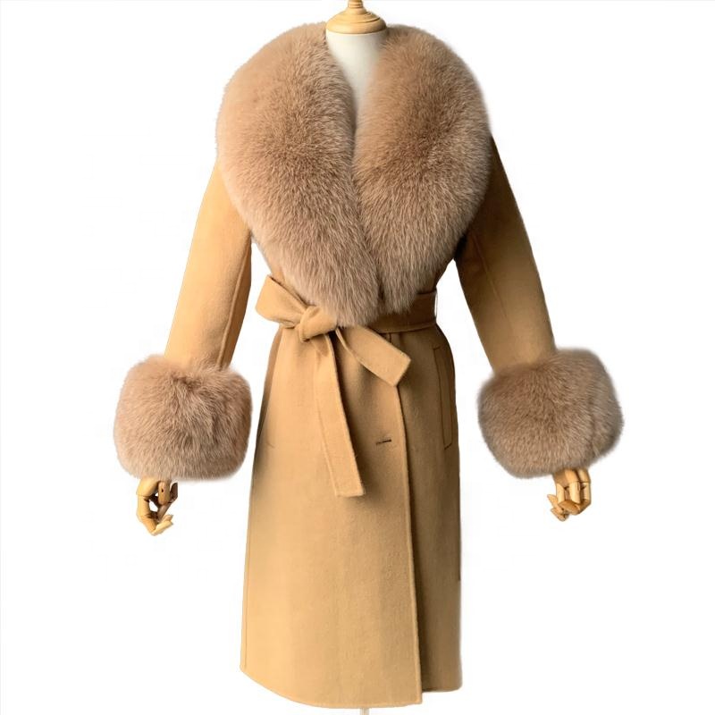 European Trendy Big Real Fox Fur Collar Parka Slim Fit Long Cashmere Jacket Winter Women Luxury Wool
