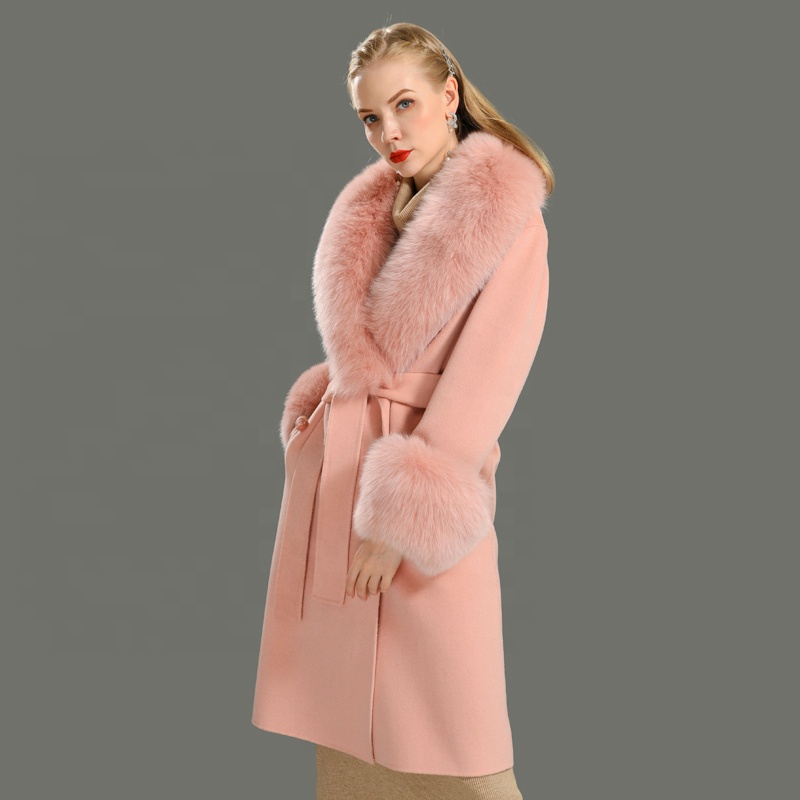 European Trendy Big Real Fox Fur Collar Parka Slim Fit Long Cashmere Jacket Winter Women Luxury Wool