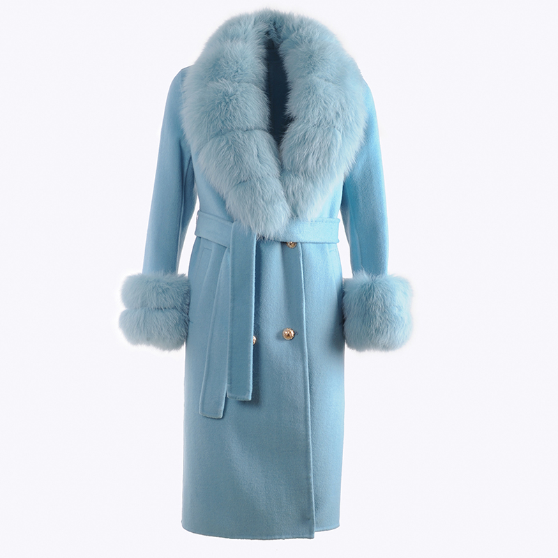 CX-G-T-68A Women Hot Sale Fashion Tassel Wool Cashmere Long Coat With Fox Fur Collar