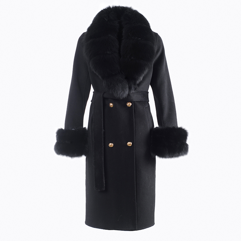CX-G-T-68A Women Hot Sale Fashion Tassel Wool Cashmere Long Coat With Fox Fur Collar