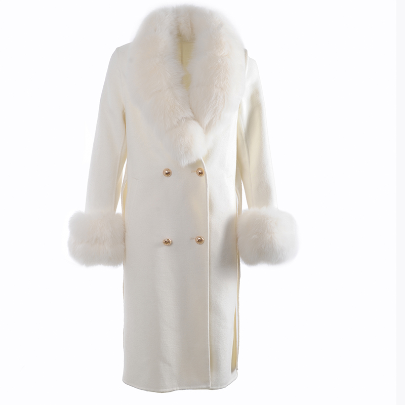 CX-G-T-68A Women Hot Sale Fashion Tassel Wool Cashmere Long Coat With Fox Fur Collar