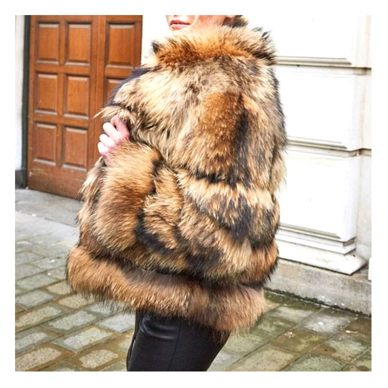 Winter Trendy Ladies Furry Racoon Coat Women Fluffy Real Genuine Natural Raccoon Fur Coat With Colla