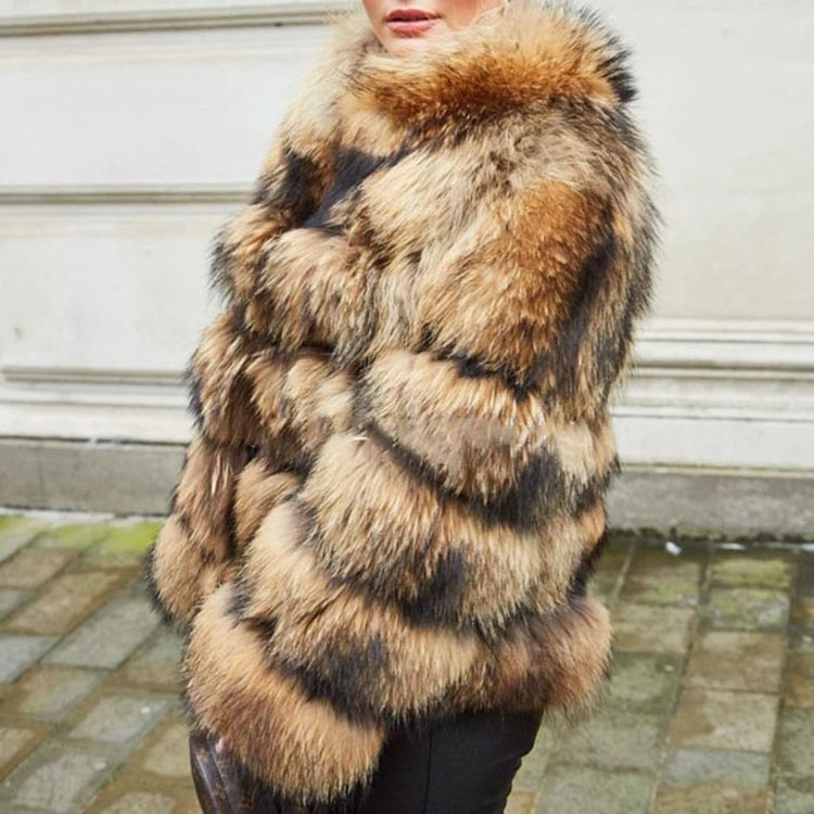Winter Trendy Ladies Furry Racoon Coat Women Fluffy Real Genuine Natural Raccoon Fur Coat With Colla