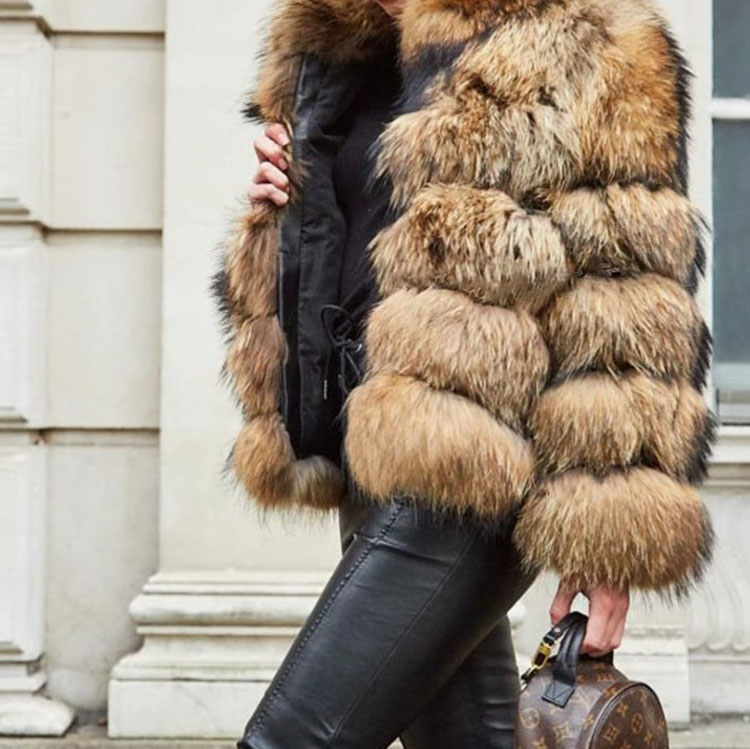 Winter Trendy Ladies Furry Racoon Coat Women Fluffy Real Genuine Natural Raccoon Fur Coat With Colla