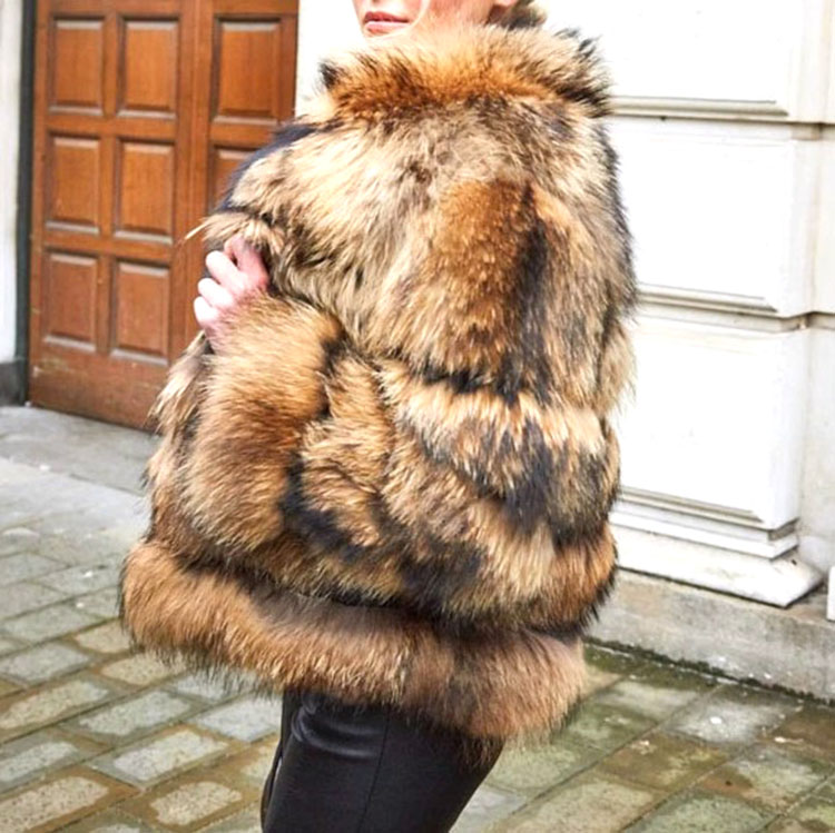 Winter Trendy Ladies Furry Racoon Coat Women Fluffy Real Genuine Natural Raccoon Fur Coat With Colla
