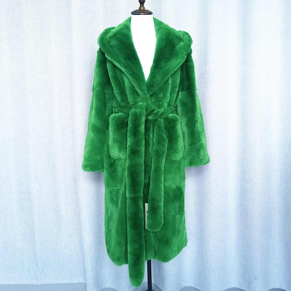 Big long style green a hood Natural fur Real Rex rabbit hair Women's fur coat