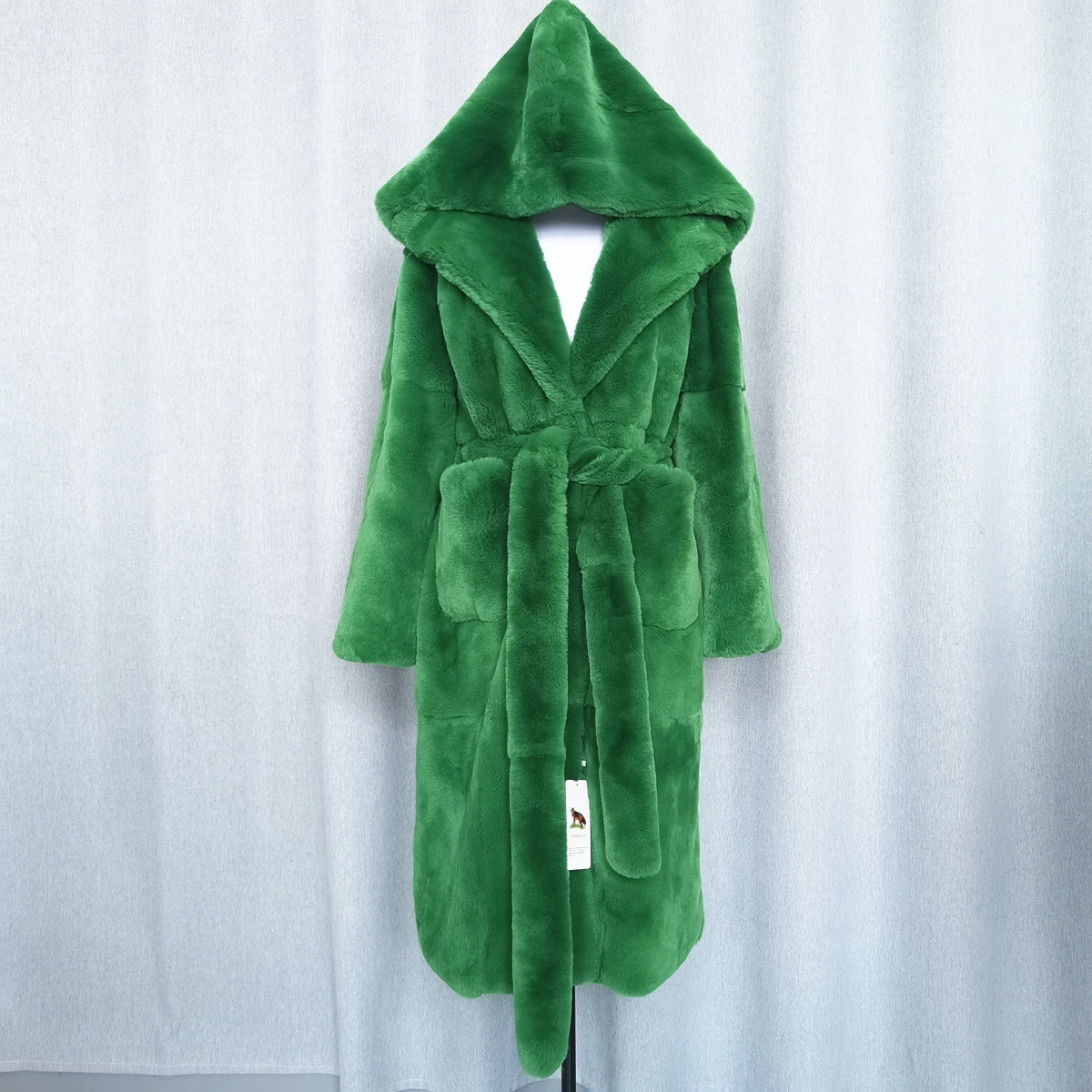 Big long style green a hood Natural fur Real Rex rabbit hair Women's fur coat