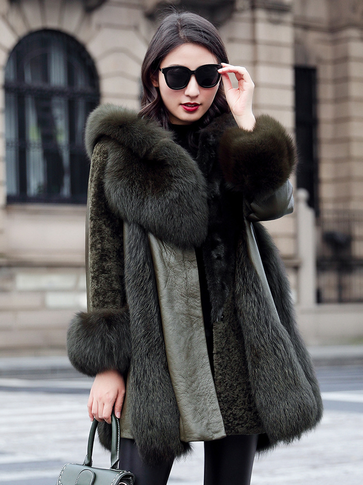 Fur coat in one piece women's long new fox fur real fur leather sheep sheared down coat