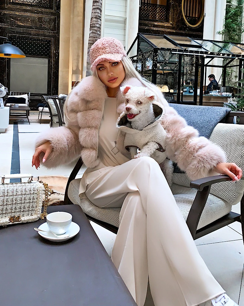 Women's Luxury Leather Jacket Fashion Style Female Real Fox Fur Coats Short Warm Coat