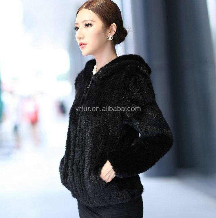 YR734 Classique Style Ladies Real Mink Tail Hand Knit Hooded Jacket