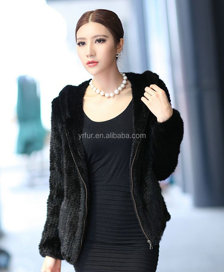 YR734 Classique Style Ladies Real Mink Tail Hand Knit Hooded Jacket
