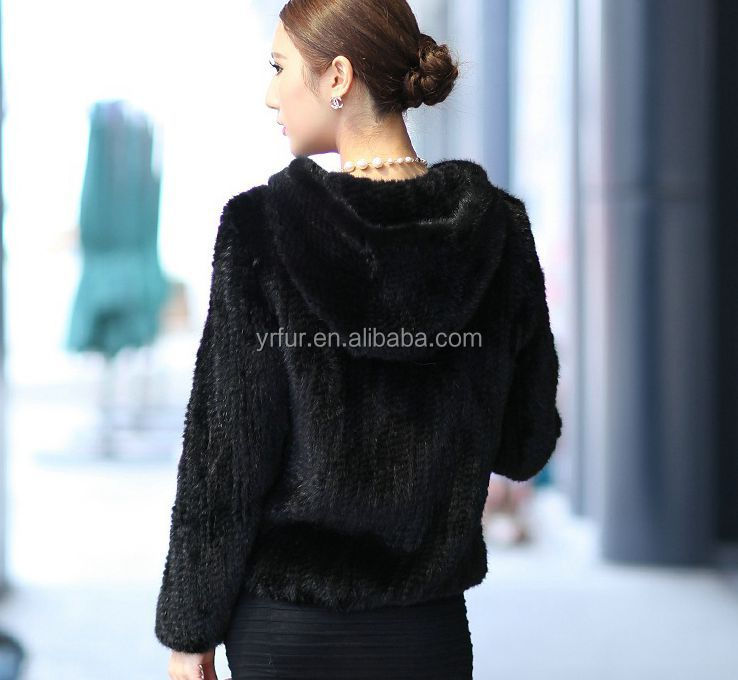 YR734 Classique Style Ladies Real Mink Tail Hand Knit Hooded Jacket