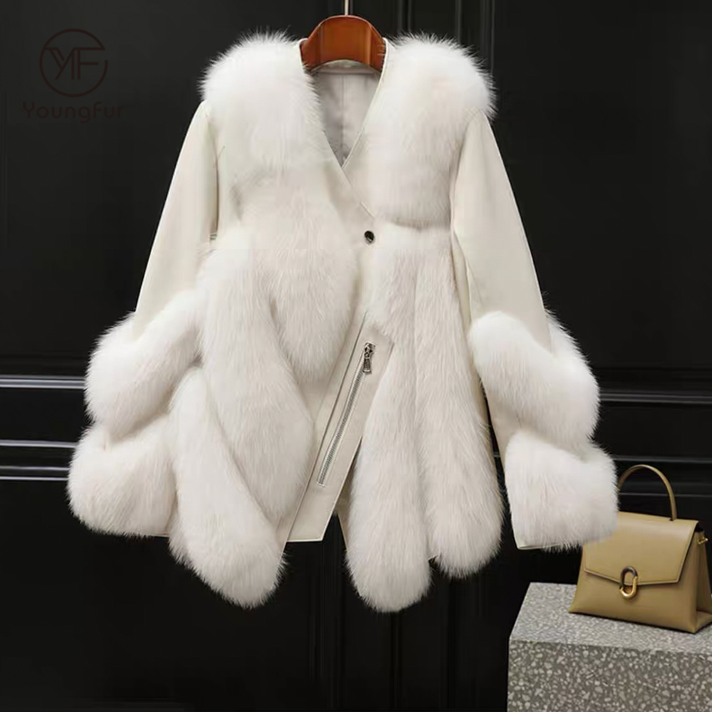 2021Factory Direct Sale Trendy Luxury Women Cloths Fox Fur Sleeve Coat Zip Genuine Motorcycle Leathe