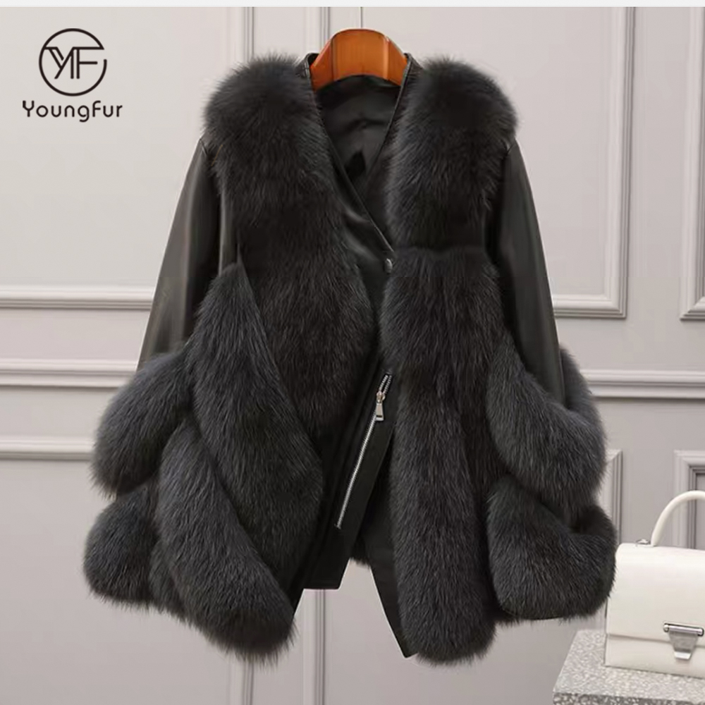 2021Factory Direct Sale Trendy Luxury Women Cloths Fox Fur Sleeve Coat Zip Genuine Motorcycle Leathe