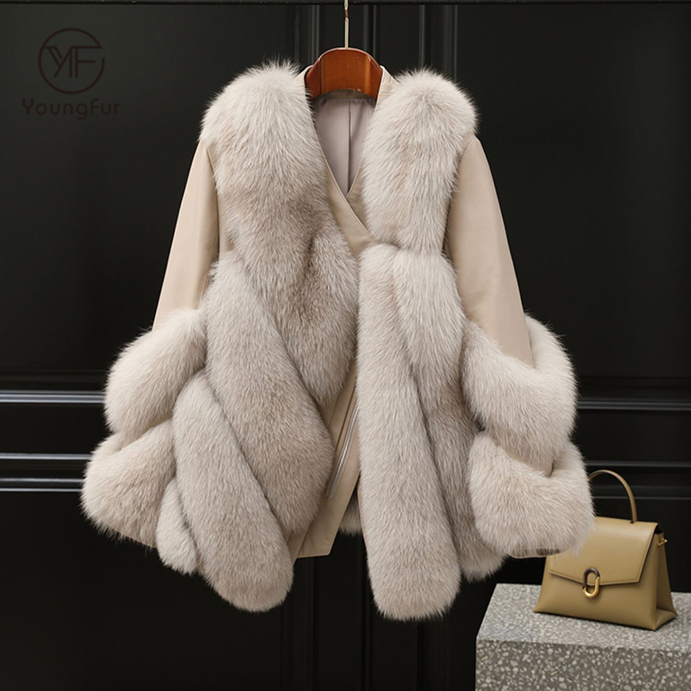2021Factory Direct Sale Trendy Luxury Women Cloths Fox Fur Sleeve Coat Zip Genuine Motorcycle Leathe