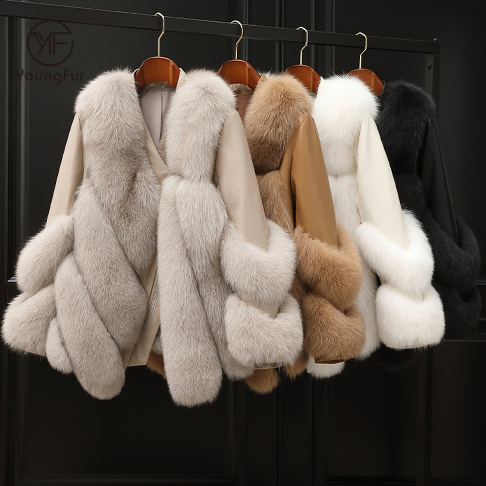 2021Factory Direct Sale Trendy Luxury Women Cloths Fox Fur Sleeve Coat Zip Genuine Motorcycle Leathe