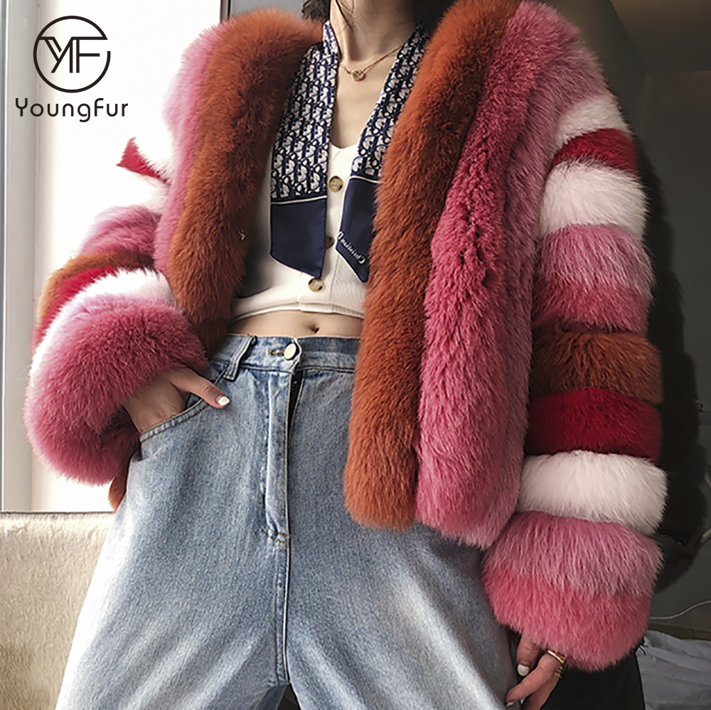 New Design Real Fox Fur Coat Women's Fashion Mixed Color Natural Fur Jacket