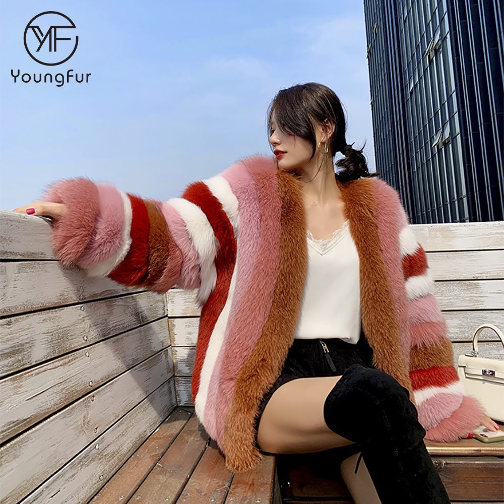 New Design Real Fox Fur Coat Women's Fashion Mixed Color Natural Fur Jacket