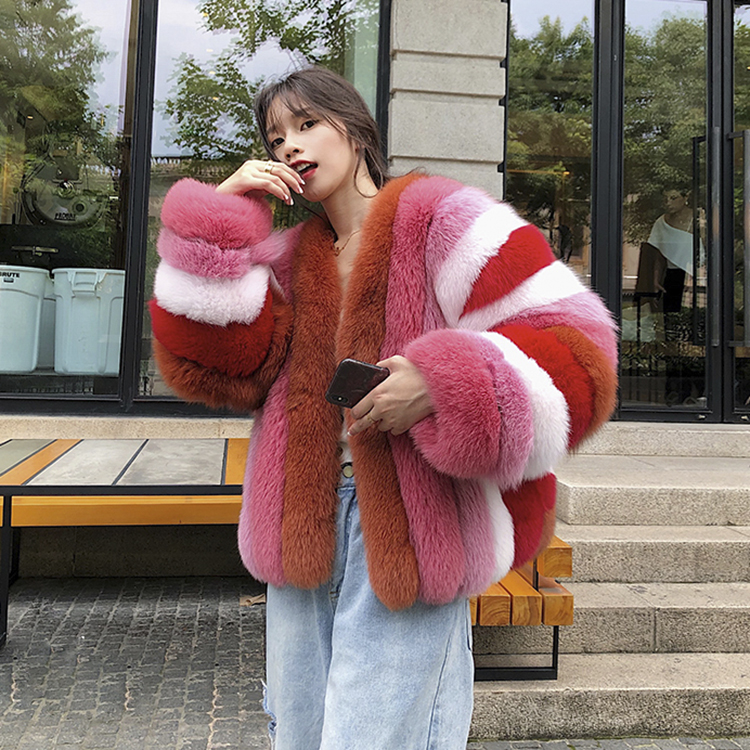 New Design Real Fox Fur Coat Women's Fashion Mixed Color Natural Fur Jacket