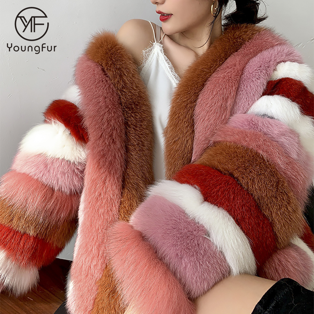 New Design Real Fox Fur Coat Women's Fashion Mixed Color Natural Fur Jacket