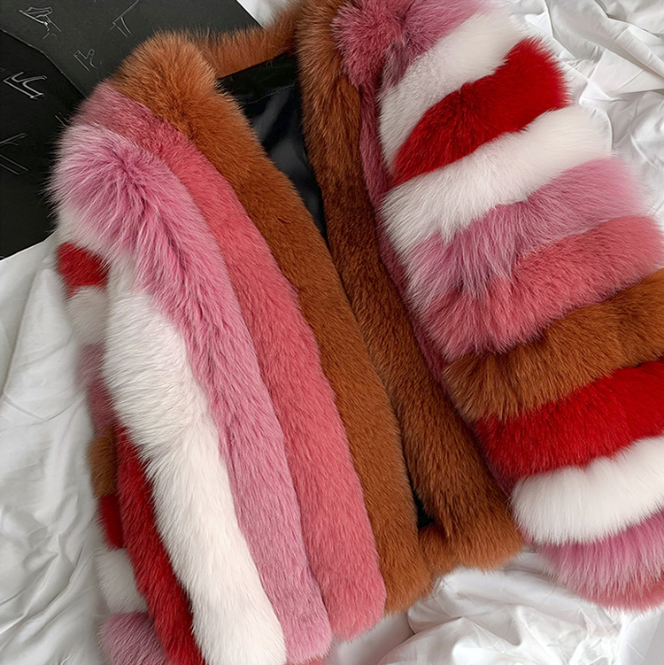 New Design Real Fox Fur Coat Women's Fashion Mixed Color Natural Fur Jacket