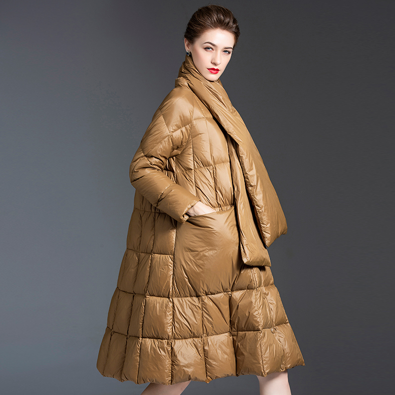Winter New Temperament Fashion Scarf Collar Coat Over The Knee 2021 White Duck Down Hooded Jacket Fe