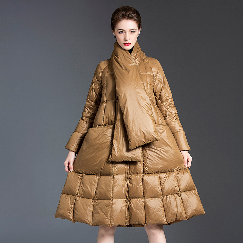 Winter New Temperament Fashion Scarf Collar Coat Over The Knee 2021 White Duck Down Hooded Jacket Fe