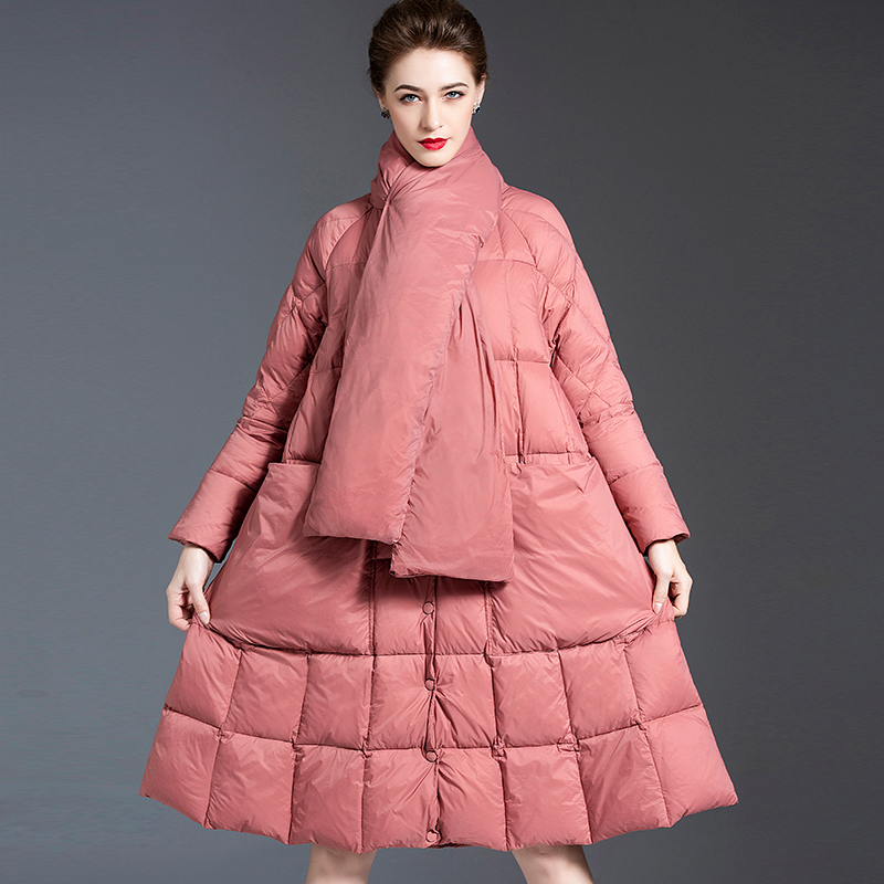 Winter New Temperament Fashion Scarf Collar Coat Over The Knee 2021 White Duck Down Hooded Jacket Fe