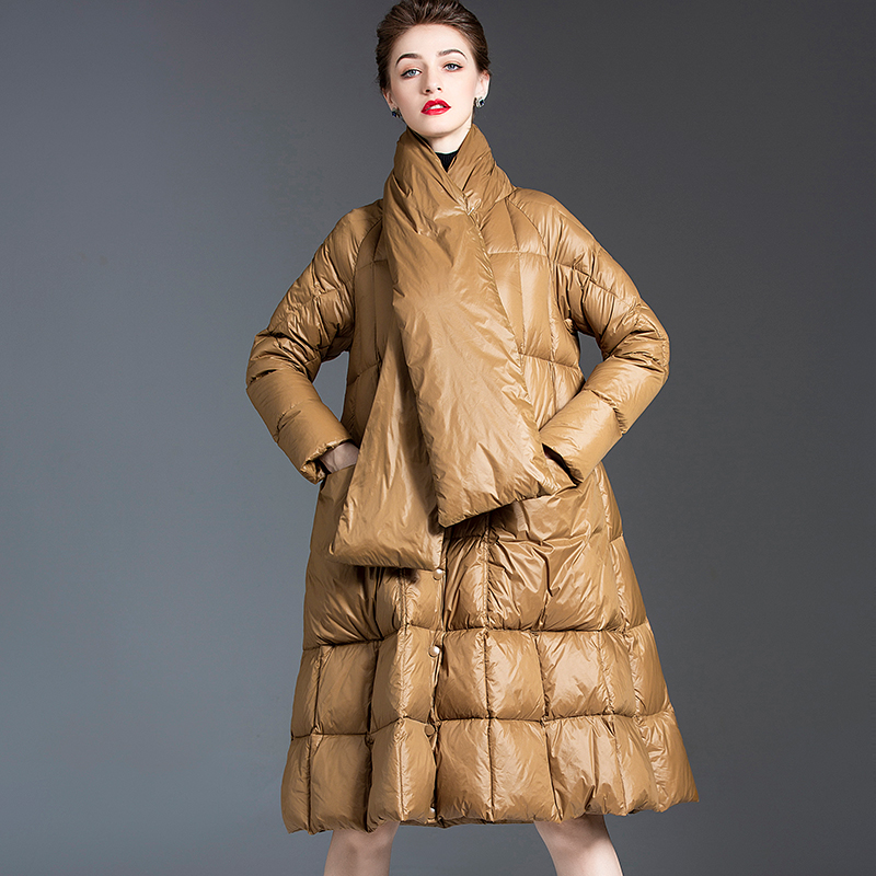 Winter New Temperament Fashion Scarf Collar Coat Over The Knee 2021 White Duck Down Hooded Jacket Fe