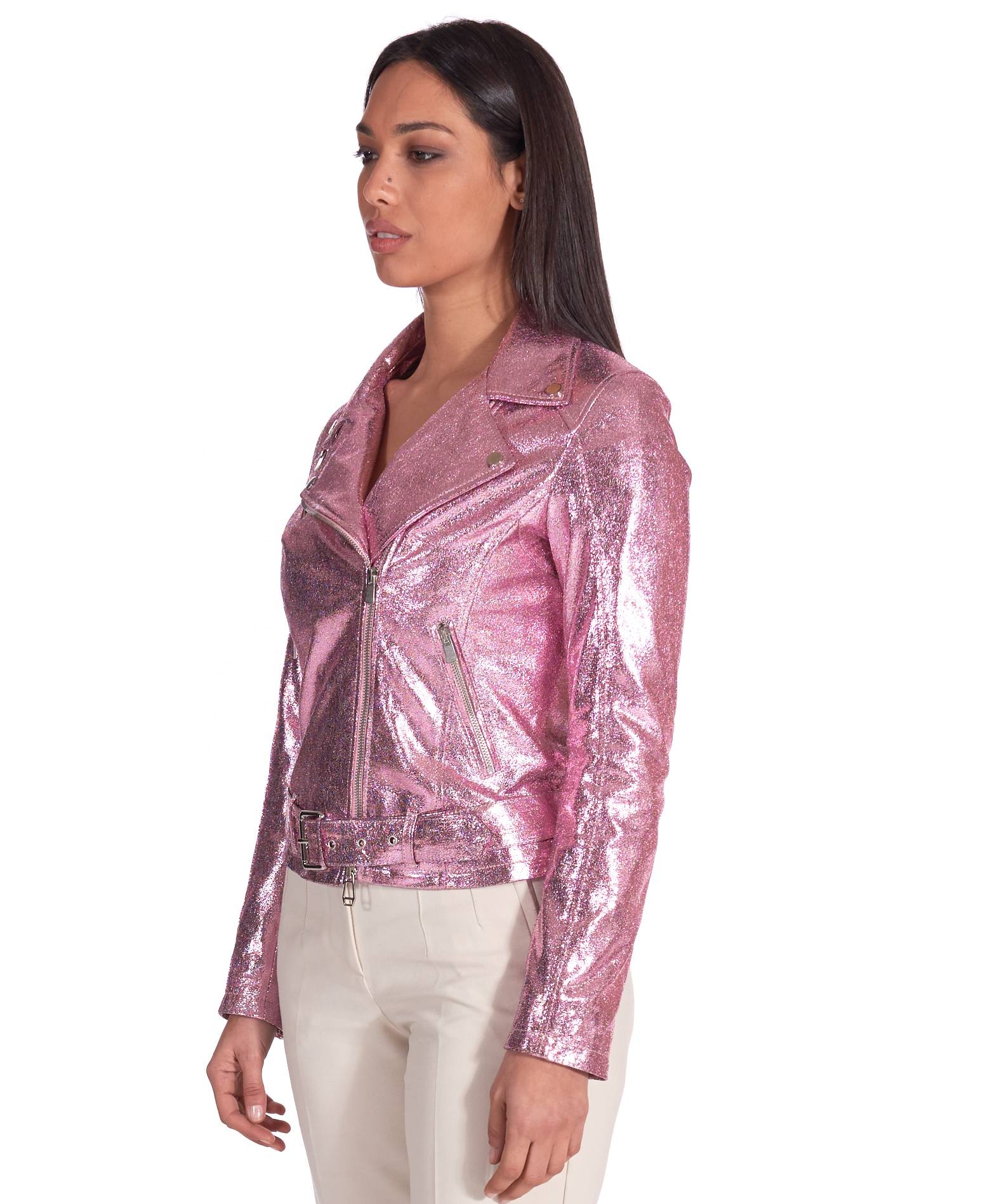 Luxury fashion Made in Italy women pink laminated biker OEM services 100% Italian genuine leather ja