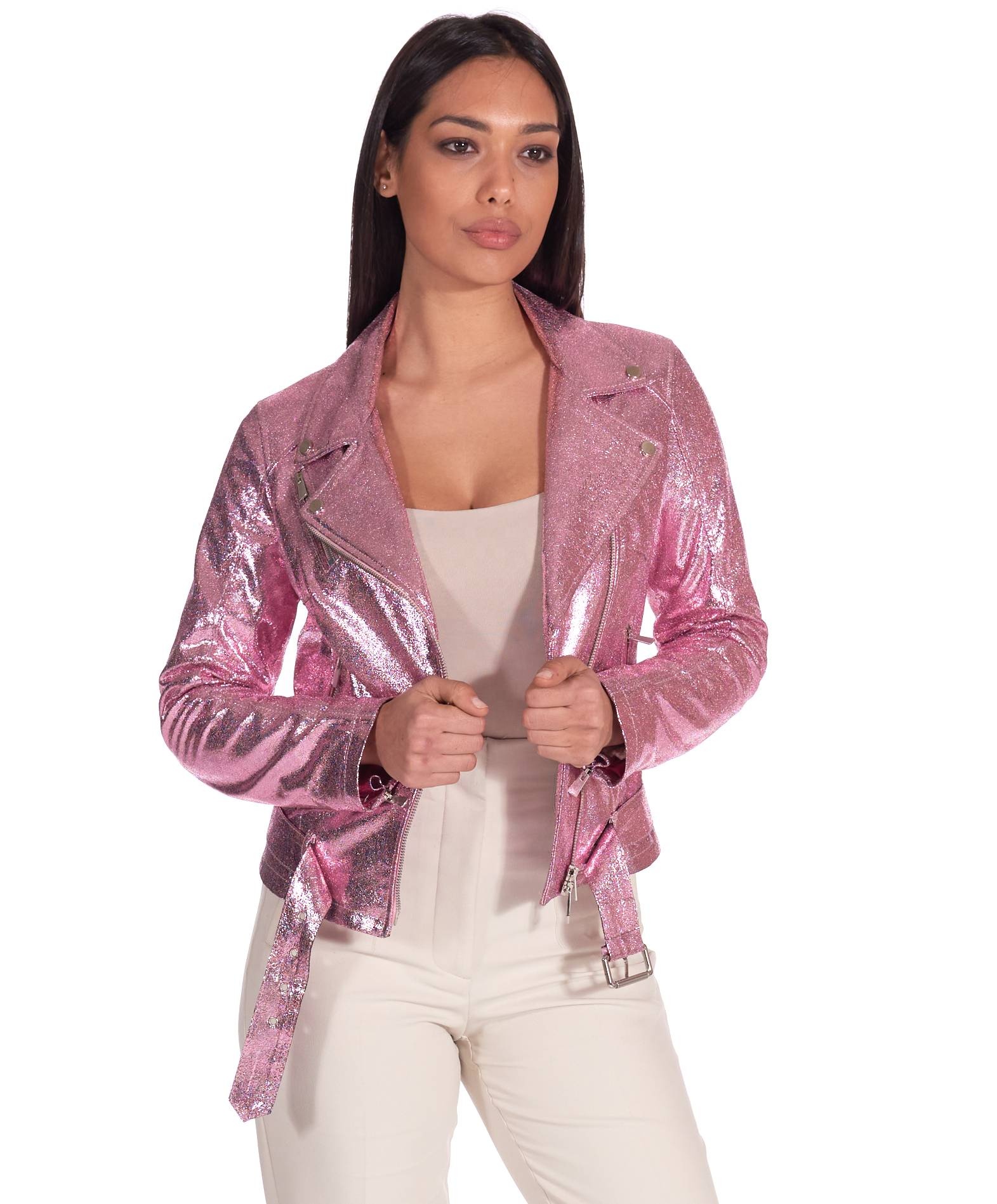 Luxury fashion Made in Italy women pink laminated biker OEM services 100% Italian genuine leather ja