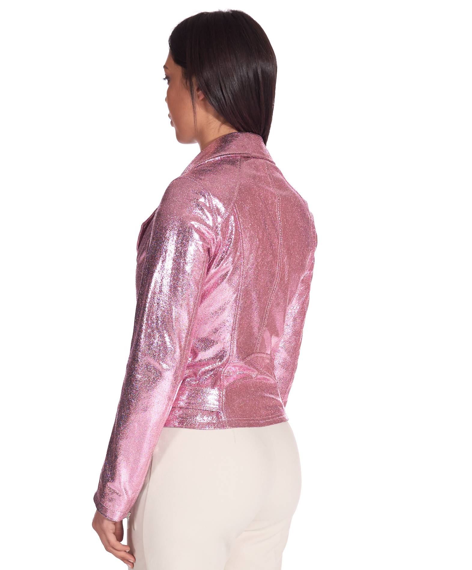 Luxury fashion Made in Italy women pink laminated biker OEM services 100% Italian genuine leather ja