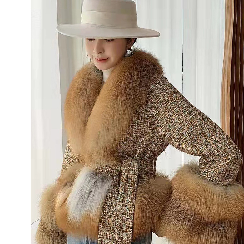 Luxury Wholesale Elegant Woolen Women Short Lined Front Real Fox Fur Trim Wool Jacket Cashmere Coat 