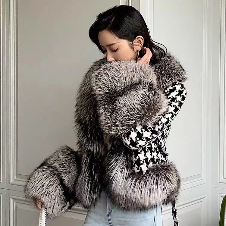 Luxury Wholesale Elegant Woolen Women Short Lined Front Real Fox Fur Trim Wool Jacket Cashmere Coat 
