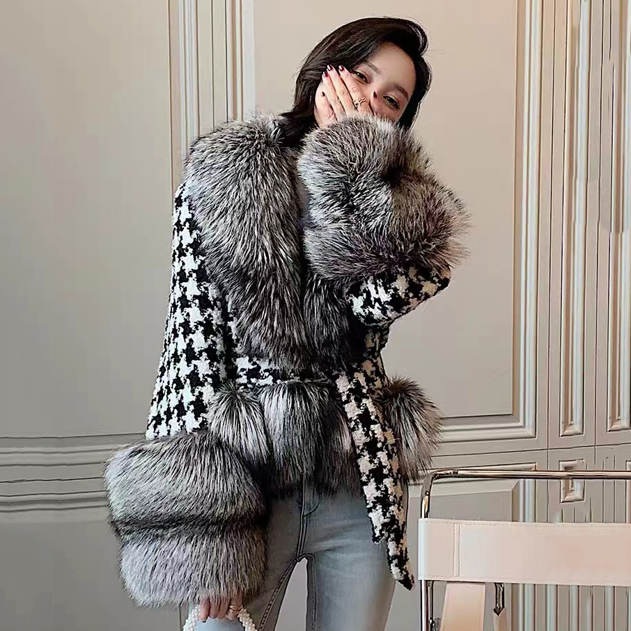 Luxury Wholesale Elegant Woolen Women Short Lined Front Real Fox Fur Trim Wool Jacket Cashmere Coat 