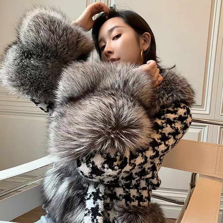 Luxury Wholesale Elegant Woolen Women Short Lined Front Real Fox Fur Trim Wool Jacket Cashmere Coat 