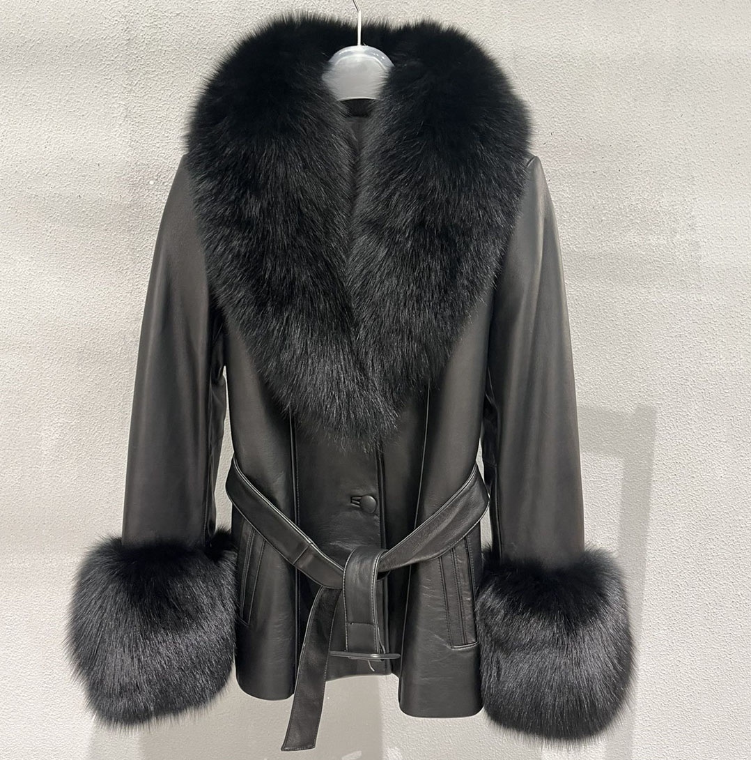 RTS High end Europe womens coats belted real sheepskin leather jacket open front winter big real fox