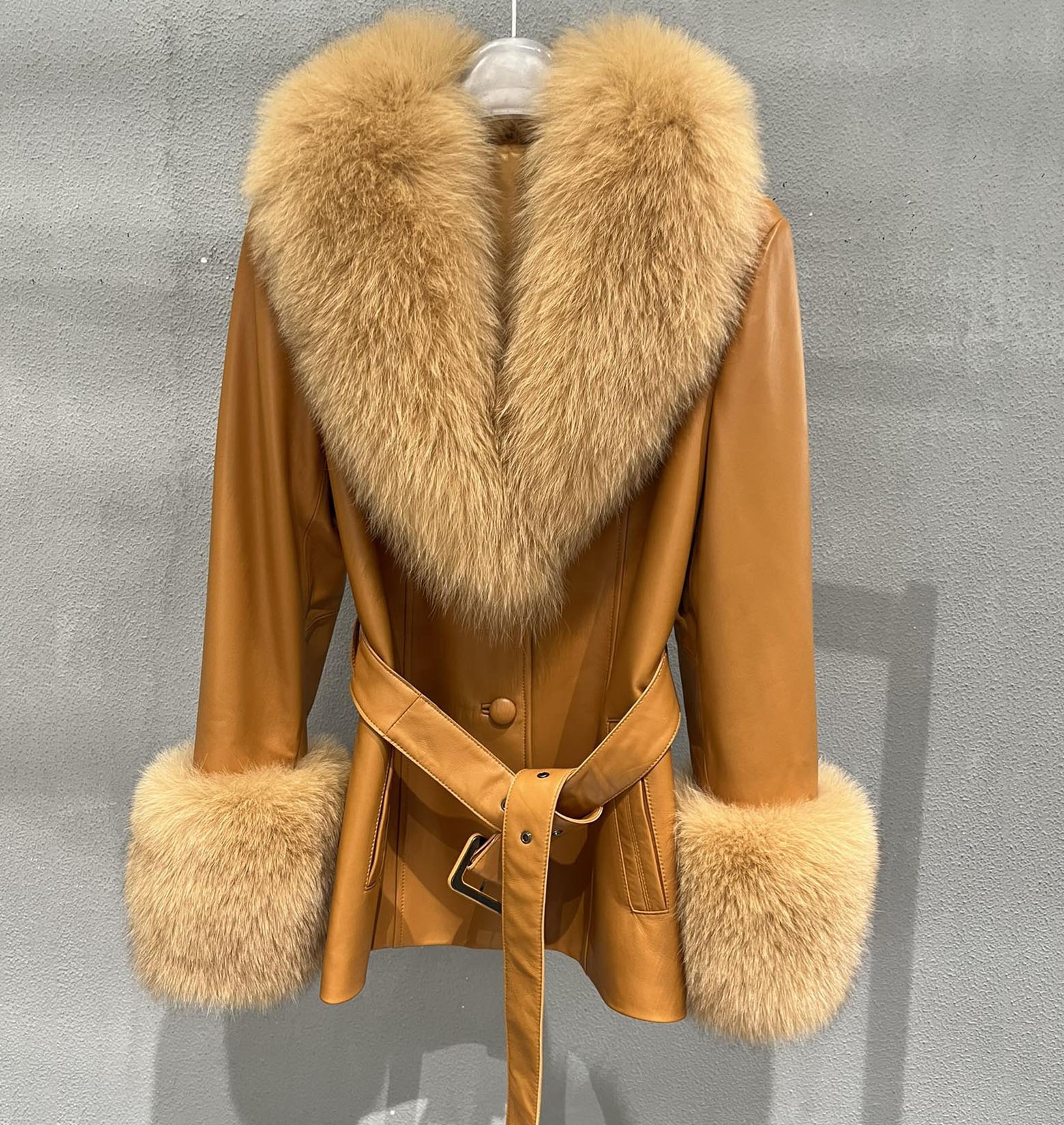 RTS High end Europe womens coats belted real sheepskin leather jacket open front winter big real fox