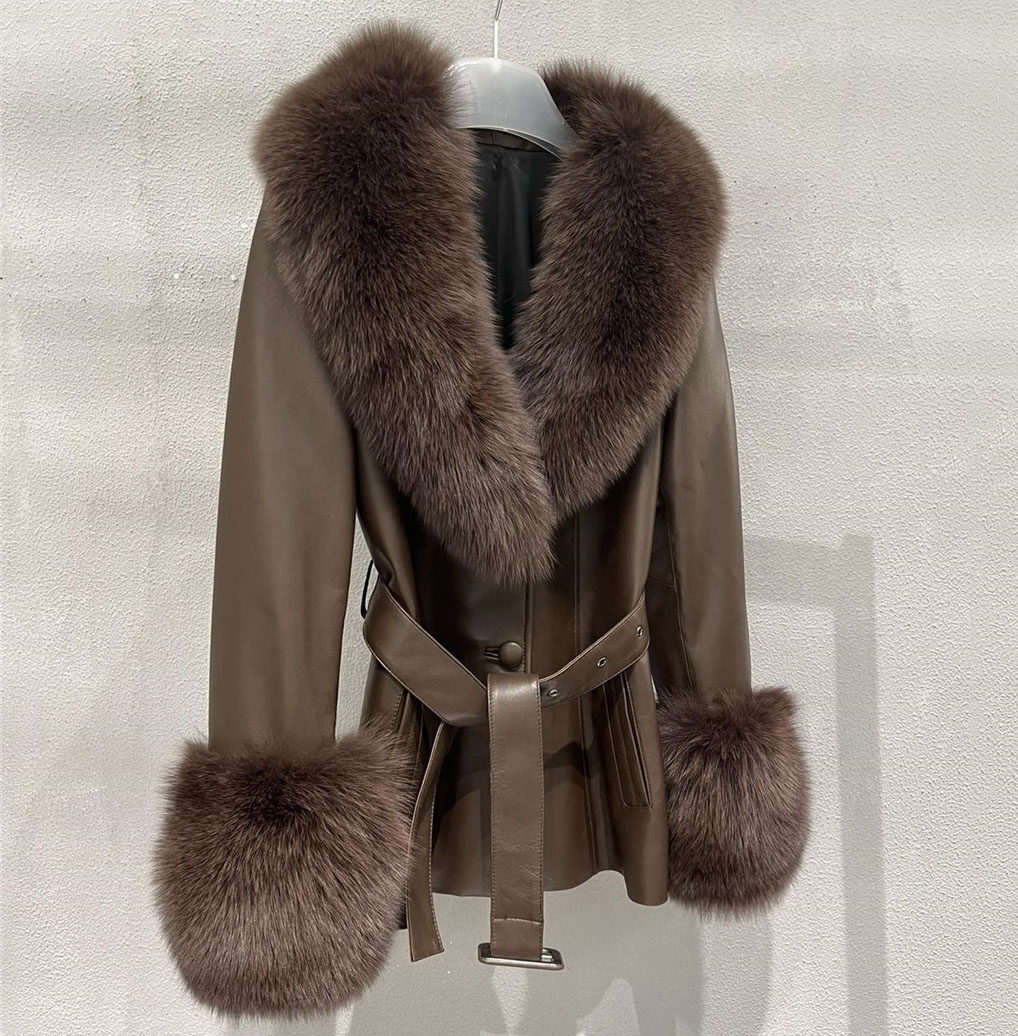 RTS High end Europe womens coats belted real sheepskin leather jacket open front winter big real fox