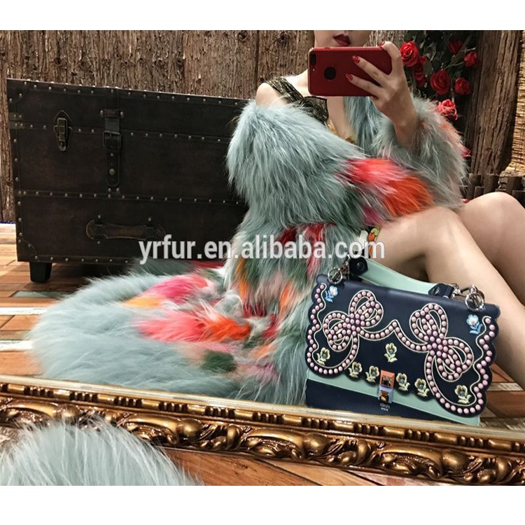 YRC090 YR FUR Good Quality Real Raccoon Fur Jacket Knitted Fashion Woman long Coat