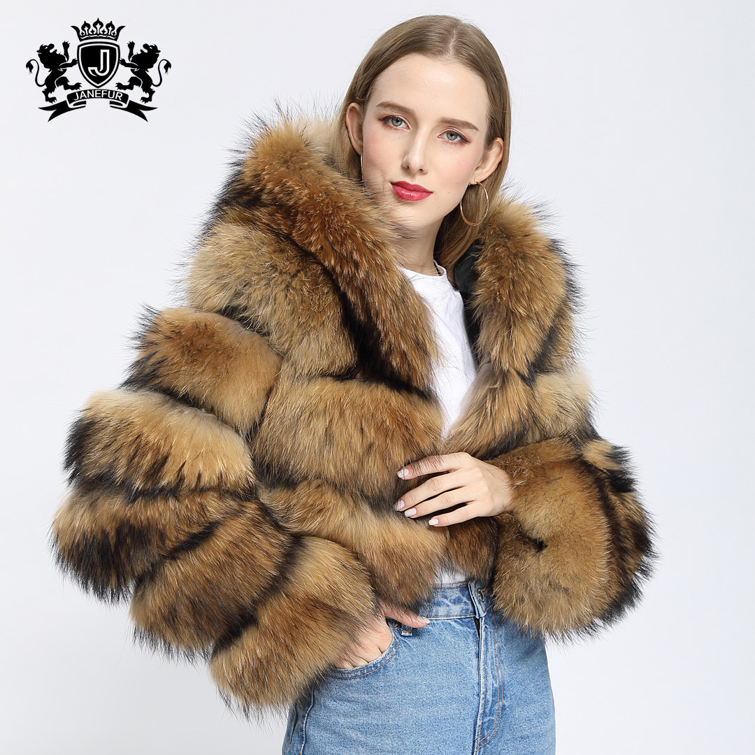Long Sleeves Fashion Outerwear Winter Natural Furry Hooded Jacket Women Real Raccoon Fur Short Coat