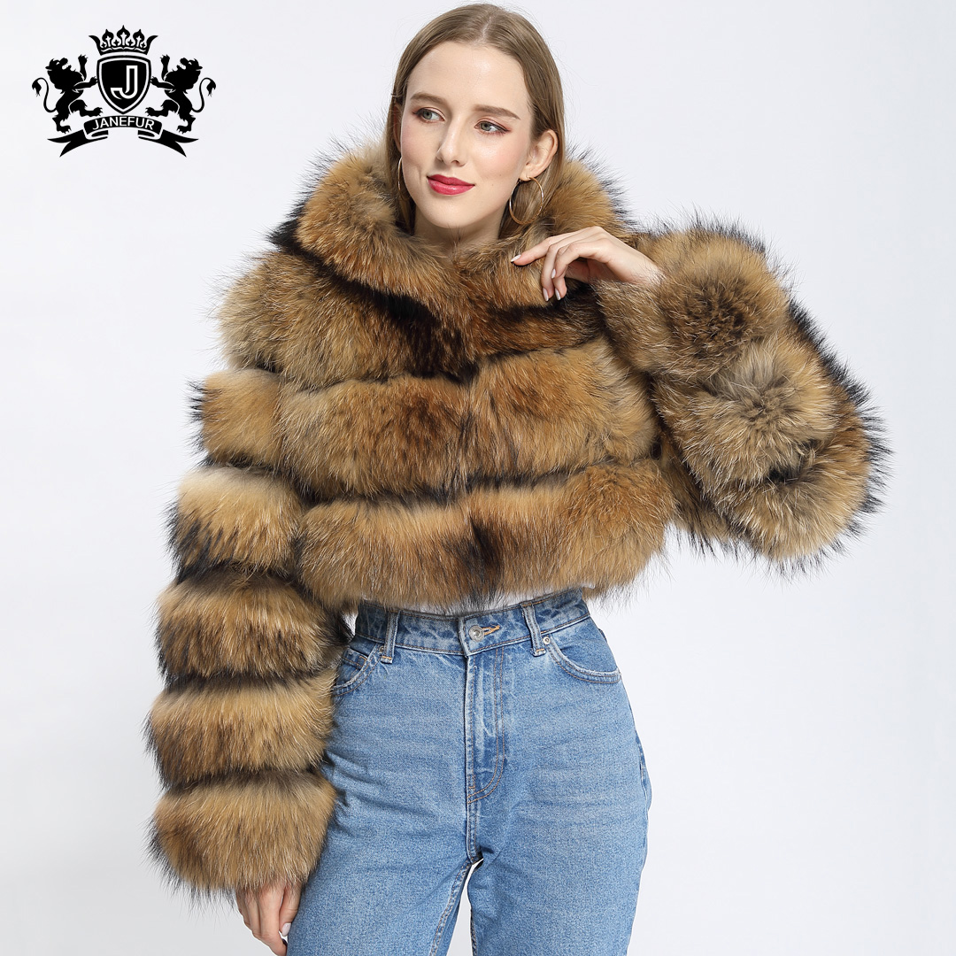 Long Sleeves Fashion Outerwear Winter Natural Furry Hooded Jacket Women Real Raccoon Fur Short Coat