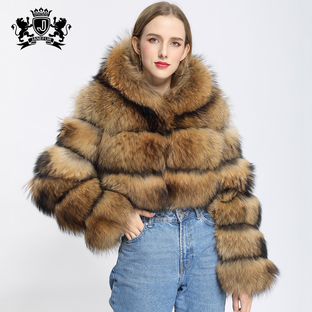 Long Sleeves Fashion Outerwear Winter Natural Furry Hooded Jacket Women Real Raccoon Fur Short Coat